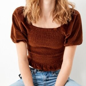 American Eagle Outfitters Puff Sleeve Brown Corduroy Smocked Ruffle Crop Boho M